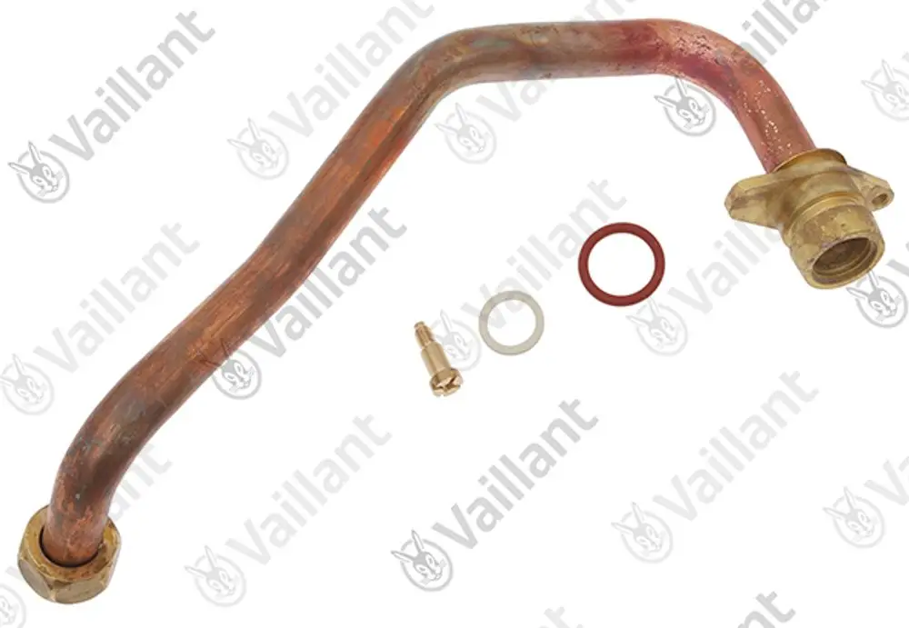 Vaillant Rohr aus Kupfer mit gebogenen Formen und Metallanschlüssen. Mehrere Dichtungen und ein kleiner Anschluss sind ebenfalls im Bild sichtbar.